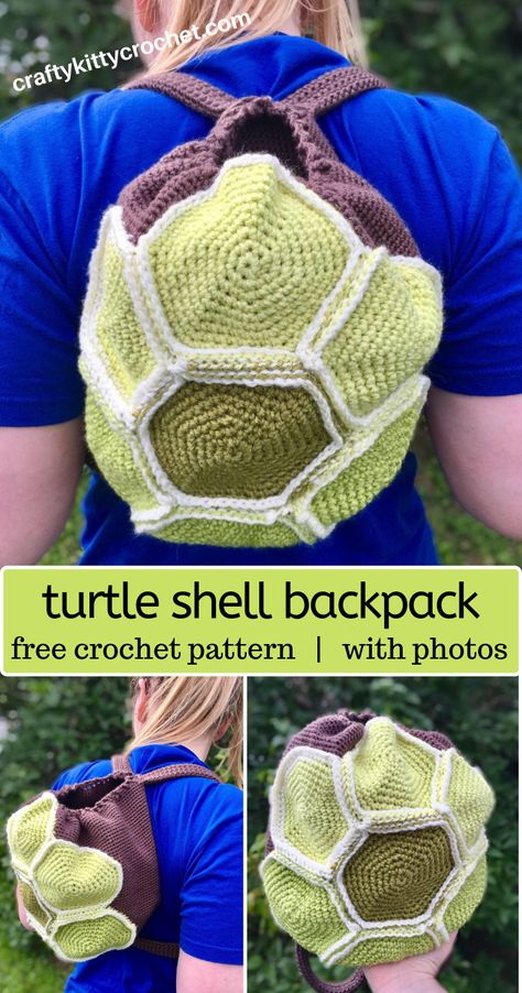 Can I get a SHELL YEAH? This turtle backpack is easy to make, fun to wear, and perfect for back to school! The concept of the backpack is that it is a large drawstring pouch with hexagons assembled to look like a turtle shell on the front. The end result is that you get to wear your very own turtle shell and carry around your belongings in style – a win win!  If you're looking for a fun animal themed DIY / crafts project, then this FREE crochet pattern is for you! Crochet Turtle Shell Backpack, Turtle Shell Crochet, Crochet Animal Backpack Free Pattern, Crochet Turtle Backpack, Crochet Turtle Shell, Turtle Shell Backpack, Backpack Crochet Pattern, Backpack Patterns, Turtle Backpack