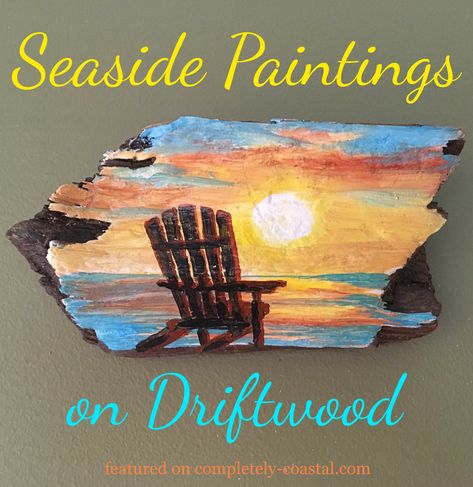 These seaside paintings on driftwood pieces are beautiful one of a kind gems. Featured on Completely Coastal. Coastal Art and beach art on driftwood for those who love the sea and the beach. Painting On Driftwood Ideas, Paint On Driftwood, Painted Driftwood Ideas, Painting On Driftwood, Driftwood Painting, Driftwood Diy, Seaside Paintings, Painted Driftwood, Wooden Artwork