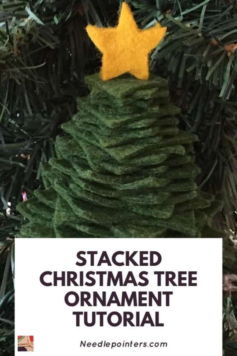 DIY Stacked Christmas Tree Ornament | Needlepointers.com Stacked Fabric Christmas Tree, Felt Stacked Christmas Trees, Wool Christmas Tree Diy, Christmas Tree Ornament Pattern, Wool Tree, Felt Christmas Tree Ornaments, Wool Christmas Tree, Wool Ideas, Book Christmas Tree