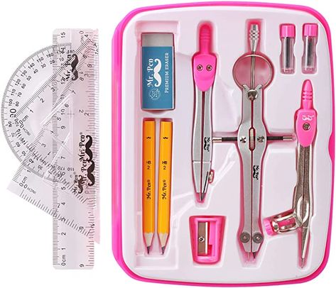 Geometry Box Design, Geometry Box Tools, Girl School Supplies, Math Tools, School Bag Essentials, Drafting Tools, School List, Best English Songs, Pink Office