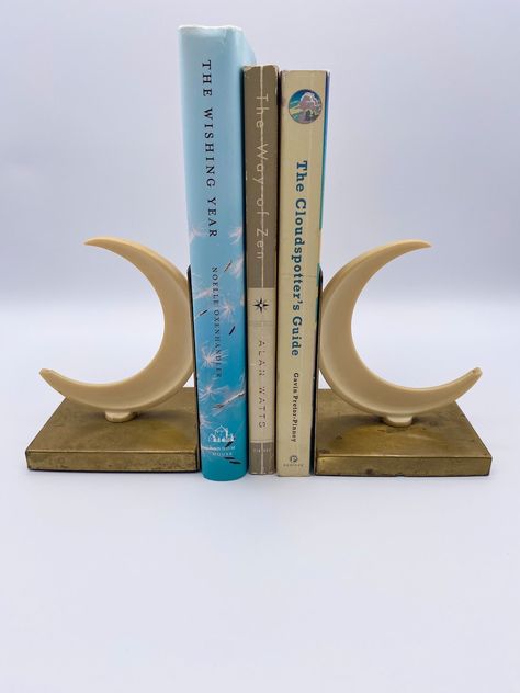 Vintage Pair of Brass and Ivory Crescent Moon Bookends by Walter Von Nessen for Chase & Company Book Ends Aesthetic, Cute Bookends, Clay Bookends, Moon Decoration, Unique Bookends, Vintage Bookends, Moon Decor, Book Ends, Vintage Objects