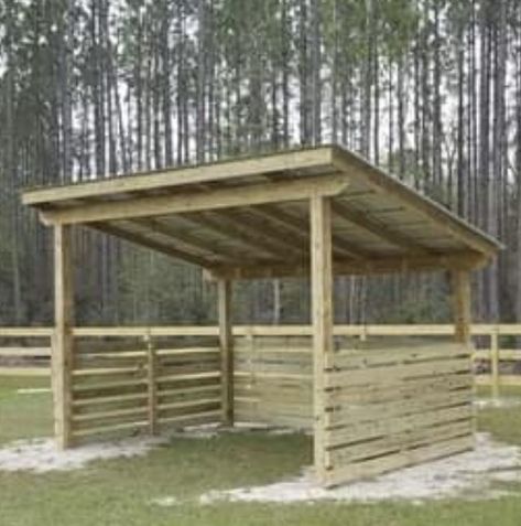 Diy Run In Shed Plans, Horse Shade Structure, Feed Shed Ideas, Hay Shed Ideas, Horse Shelter Plans, Horse Lean To Shelters Easy Diy, Diy Horse Shelter, Hay Shed, Horse Pasture Shelter