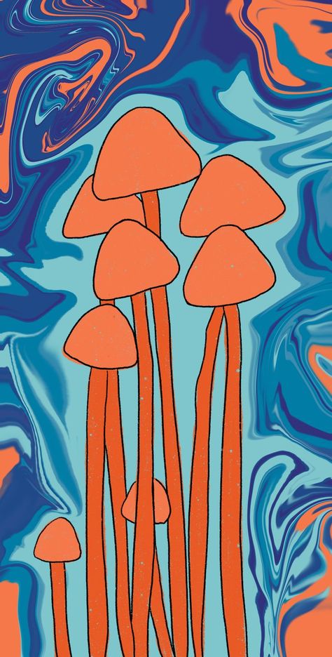 Groovy Shroom Wallpaper, Groovy Mushroom Art, Orange Art Aesthetic, Mushroom Wallpapers, Groovy Wallpaper, Groovy Mushroom, Family Wallpaper, Fungi Art, Orange Mushroom