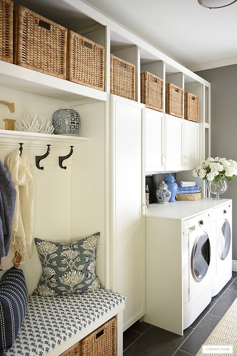 Laundry room with builtin cabinets and bench for storage and practical daily usage. Laundry Room With Seating, Mud Rooms For Small Spaces, Laundry Room With Bench Seat, Multi Function Laundry Room, Great Laundry Room Ideas, Mudroom Laundry Room Organization, Laundry Room With Lots Of Storage, Laundry Room Upper Cabinets, Laundry Room Entry Way Ideas