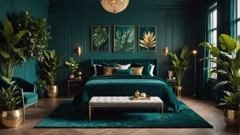 Create a chic and inviting space with dark teal. Learn how to incorporate this stunning color into your bedroom decor for a sophisticated atmosphere. Dark Teal Green Bedding, Dark Teal Room Aesthetic, Dark Teal Color Palette Bedroom, Teal Monochromatic Room, Dark Teal Green Bedroom, Peacock Green Bedroom Ideas, Turquoise Bedroom Aesthetic, Dark Teal Room Ideas, Dark Green And Blue Bedroom