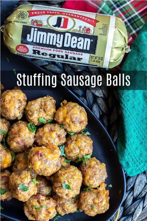 #AD: This is the BEST recipe for Stuffing Sausage balls made with sausage, bacon, stuffing, and cheddar cheese. This easy make ahead sausage ball recipe is a great appetizer for holiday parties! #sausage #sausageballs #bacon #stuffing #appetizer #christmas #thanksgiving #newyears Stuffing Appetizer, Casual Appetizers, Stuffing Sausage Balls, Thanksgiving Tailgate, Recipe For Stuffing, Sausage Ball Recipe, Easy Sausage Balls Recipes, Bacon Stuffing, Stuffing Sausage