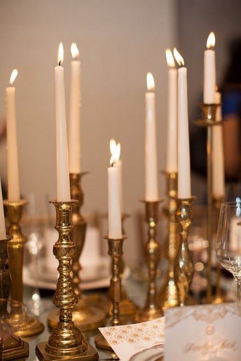 45 Candlestick Centerpieces That Will Light Up Your Reception – Page 2 – Hi Miss Puff Candlestick Centerpiece Wedding, Candlestick Centerpiece, Candle Sticks Wedding, Candle Stick Decor, Wedding Ceremony Ideas, Vintage Brass Candlesticks, Gold Candles, Table Centers, Brass Candle