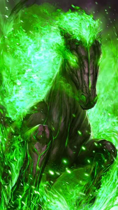 Green Mythical Creatures, Fire Horse, Unicorn Artwork, Best Wraps, Green Fire, Creature Drawings, Beautiful Scenery Nature, Creature Design, Mythical Creatures