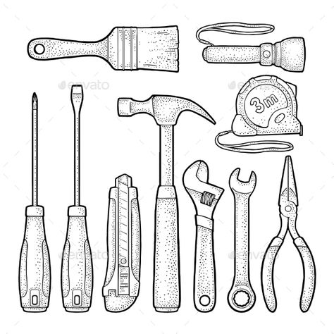 Set of Hardware Tools - Vector EPS. Download: https://graphicriver.net/item/set-of-hardware-tools/21712060?ref=ksioks Mechanic Tools Drawing, Tool Box Drawing, Hand Tools Drawing, Hammer Drawing, Key Knife, Tool Drawing, Tools Illustration, Steel Drawing, Mechanical Drawing