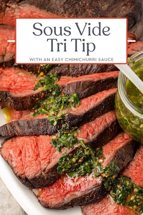 Cooking tri tip in the sous vide turns this affordable cut of meat into melt-in-your-mouth tender steak that tastes like a million bucks! Easy to make and delicious with an optional 5-minute chimichurri sauce made in the food processor or blender, this is your new go-to tri tip or meat recipe! Sous Vide Tri Tip, Easy Chimichurri Sauce, Cooking Tri Tip, Sous Vide Steak, Tender Steak, Sous Vide Recipes, Sliced Steak, Beef Salad, Tri Tip