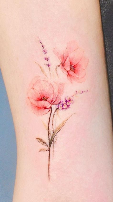 Watercolor Tattoo Back Of Neck, Girly Wrist Tattoos, Pastel Flower Tattoo, Feminine Flower Tattoos, Feminine Wrist Tattoos, Watercolor Flower Tattoo, Micro Flowers, Delicate Feminine Tattoos, Poppy Tattoos