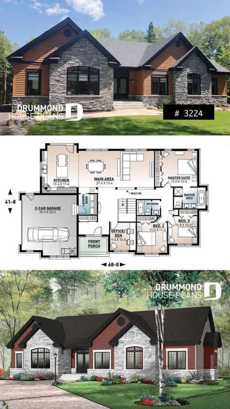 Craftsman Chalet House Plans Country Ensuite, Ranch Bungalow, Country Bungalow, Housing Plans, Side Garage, Drummond House Plans, Bungalow Floor Plans, 4 Bedroom House Plans, Ranch Style House Plans