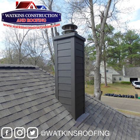 Check out this chimney wrapped in new James Hardie siding! www.watkinsconstructioninc.com #wakinsroofing #jameshardie Exterior Chimney Ideas Siding, Chimney Ideas Exterior, Metal Chimney Exterior, Outdoor House Paint, Chimney Decor, James Hardie Siding, Hardie Siding, Hardie Plank, Clapboard Siding