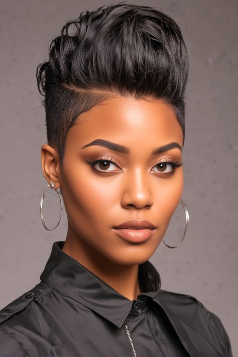 25 Mohawk Hairstyles for Black Women – Scan to Talk Pixie Black Women Hairstyles, Colored Mohawk Woman, Short Pixie Mohawk Black Women, Pixie Mohawk Haircut, Undercut Hairstyles For Black Women, Black Women Mullet Hairstyles, Relaxed Short Hairstyles For Black Women, Faux Hawk Hairstyles For Women, Very Short Bob Black Women