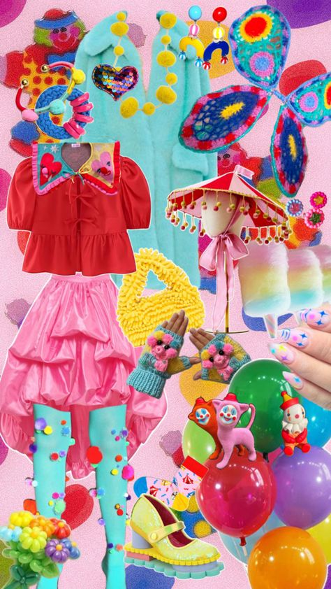 Clown rainbow pom-poms candyfloss clowncore kidcore bright aesthetic Clowncore Outfit, Rainbow Clown, Clowncore Aesthetic, Clown Outfit, Bright Aesthetic, Circus Outfits, Clown Clothes, Kidcore Aesthetic, Tøp Aesthetic