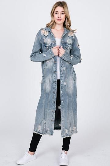 Sexy, trendy, and odd fashions. From bodycon to jumpsuits, from swimwear to maxi dreses, from Rasta items to ninja turtle themed shirts, with LA fashion designs.. It's all here. Long Distressed Denim Jacket, Denim Duster, Long Denim Jacket, Denim Jacket Fashion, Distressed Jacket, Duster Jacket, Denim Maxi, Denim Outerwear, Grey Outfit