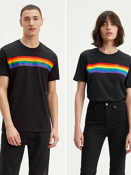 Lgbtq Clothing, Silly Clothes, Diy Jeans, Pride Collection, Trendy Shirt Designs, Gay Fashion, Black Levis, Stripe Tee, Pride Outfit