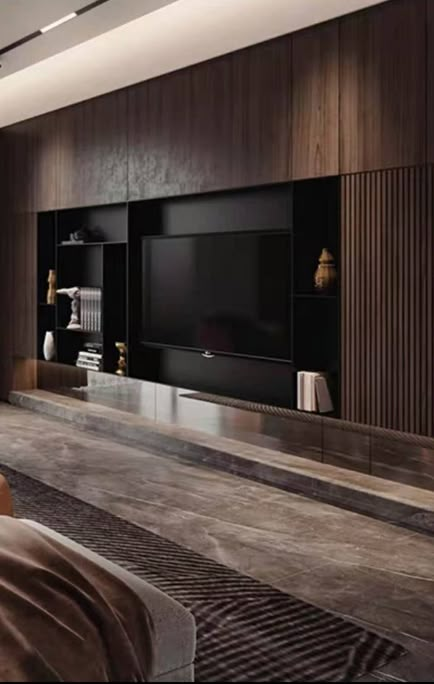 Modern Tv Room, Walnut Wall, Feature Wall Living Room, Living Room Tv Unit Designs, Living Room Tv Unit, Tv Room Design, Tv Wall Design, Living Room Design Decor, Home Design Living Room