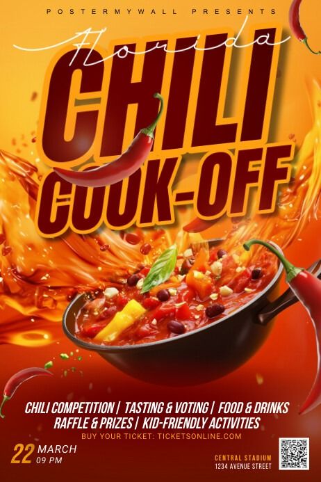 Red Maximalist 3d Chili Cook-off Poster | PosterMyWall Free Poster Templates, Chili Cookoff, Event Poster Template, Chili Chili, Poster Template Free, Kindle Book Cover, Online Poster, Chili Cook Off, Kid Friendly Activities