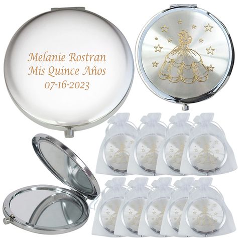 PRICES MAY VARY. Make your daughter's sweet 15 or sweet 16 as she is with these unique Compact Mirror favors. This Quinceañera compact mirror Favors are beautiful and last forever. Your guests will love them! Text is Permanently laser engraved on the back of the compact mirror, It comes with free organza bag. Compact mirrors are a must-have for all fashion conscious people. Delight your guests with an upmarket bling-bling accessory when they arrive and find these mirrors at their tables. 2.75 in Quinceanera Party Favors Ideas, Quinceanera Souvenirs Ideas, Giveaways Ideas Debut, Sweet Sixteen Souvenirs Ideas, Sweet 16 Favors For Guests, Quince Mirror, Sweet 16 Party Favors Ideas, Quinceañera Royal Blue, Quinceanera Mirror Sign