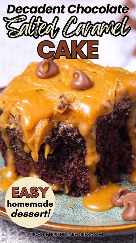 Salted Caramel Cake Recipe, Caramel Dump Cake, Chocolate Salted Caramel Cake, Caramel Cake Recipe, Salted Caramel Frosting, Salted Caramel Cake, Party Food Dessert, Caramel Frosting, Salted Caramel Chocolate