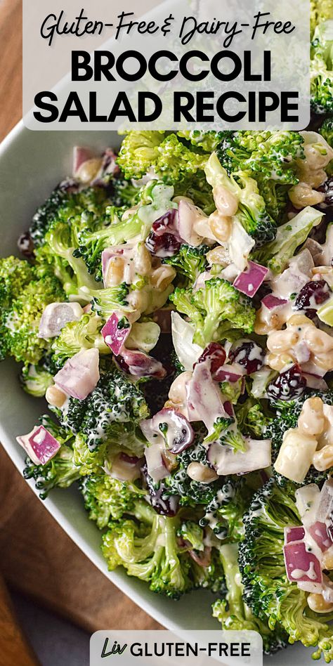 This easy and healthy broccoli salad recipe is gluten-free, dairy-free, and easily vegan! It is the perfect summer side to add to your quick lunch or BBQ dinner. Gluten Free Dairy Free Side Dishes Easy, Gluten Free Salads Recipes, Gluten Free Dairy Free Party Food, Gluten Free Salads For Parties, Gluten Free Dairy Free Salads, Gluten Free Bbq Sides, Dairy Free Salad Recipes, Gluten Free Side Dishes For Bbq, Dairy Free Broccoli Salad