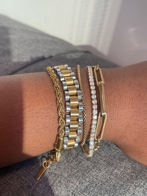 Mixed Tone Jewelry, Mixing Metal Jewelry, Silver And Gold Jewellery, Gold Link Bracelet Stack, Mix Metals Jewelry, Silver And Gold Jewelry Mixing Bracelets, Metal Mixing Jewelry, Mixed Metals Bracelet Stack, Bracelet Stack Silver And Gold