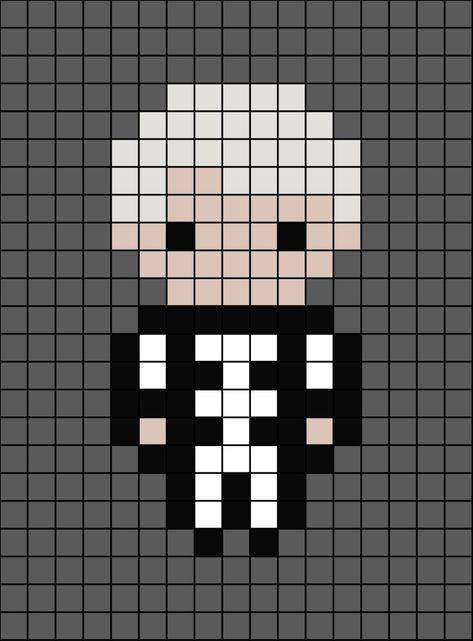 A pixel art template of the singer Gerard Way (from My Chemical Romance, the brand, also known as M.C.R) dressed in a skeleton costume with white like hair.

Originally by Experimental Tie Dye on Instagram. Gerard Way Perler Beads, My Chemical Romance Perler Beads, Mcr Cross Stitch, Cool Pearler Bead Designs, Mcr Kandi Pattern, Mcr Perler Bead Patterns, Perler Bead Patterns Emo, Band Perler Beads, Mcr Crochet