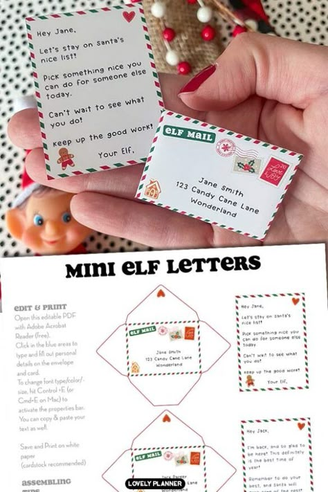 Editable PDF Free Printable Elf on the Shelf mini letters and envelopes that you can customize before you print. #christmas #elfontheshelf #elfnotes #elfprintable #elfletter #christmaself #ChristmasPrintable #lovelyplanner Elf Notes To Kids Free Printable, Elf On The Shelf Printables Free, Christmas Stationary Printable, Elf On Shelf Printables, Christmas Elf Ideas, Printable Elf On The Shelf, Christmas Decorations Party, Mini Letters, Elf Printables