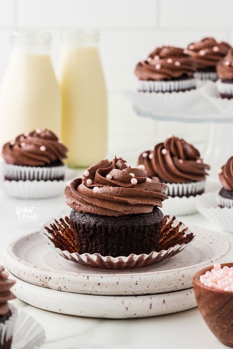 This easy recipe for a dozen Gluten Free Chocolate Cupcakes is made with a special ingredient to produce moist and rich cupcakes that rival your favorite bakery. They have an exceptional deep chocolate flavor that pairs with many different frosting recipes. This easy chocolate cupcake recipe make 1 dozen and can easily be doubled. Gluten free cupcake recipe from Sharon Lachendro of What The Fork - an expert gluten free baker who specializes in gluten free cakes, cookies, quick breads, and more. Rich Cupcakes, Gluten Free Cupcake, Easy Chocolate Cupcake Recipe, Gluten Free Cupcake Recipe, Gluten Free Chocolate Cupcakes, What The Fork, Chocolate Cupcake Recipe, Moist Cupcakes, Gluten Free Chocolate Cake