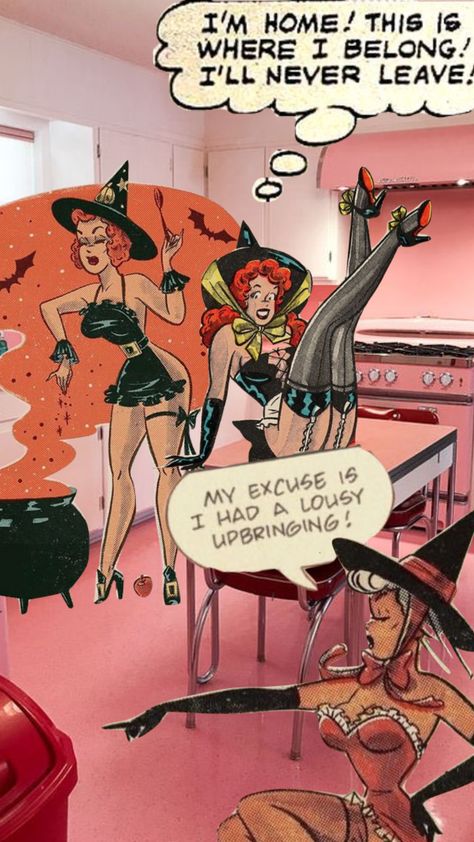 i don’t know it’s just cute witches in the kitchen #witches #vintage #aesthetic #50s #halloween Vintage Aesthetic 50s, 50s Halloween, Kitchen Witches, Cute Witches, 1950s Halloween, Vintage Wife, Cartoon Witch, Pin Up Art, I Don T Know