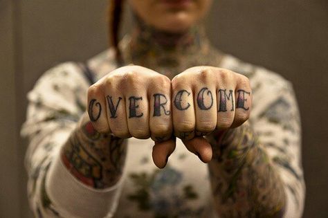 Overcome Knuckle Tattoo, Finger Tats, Knuckle Tattoos, Hand And Finger Tattoos, Hand Tats, Word Tattoos, Body Modifications, Skin Art, Piercing Tattoo