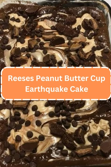 Reeses Peanut Butter Cup Earthquake Cake - WEEKNIGHT RECIPES Reeses Cups Recipe, Dark Chocolate Fudge Cake, Reeses Desserts, Earthquake Cake Recipes, Peanut Butter Chocolate Cake, Reeses Cake, Cake Batter Fudge, Peanut Butter Sheet Cake, Butter Desserts