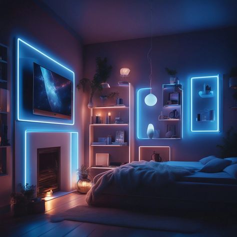 #neon #bedroom #design #blue #cozy #inrerior #ideas Podcast Studio Setup, Neon Bedding, Loft Bed Ideas For Small Rooms, Studio Setup Ideas, Rooms Cute, Idea For Room, Beautiful Bed Designs, Ideas Cuarto, Neon Bedroom