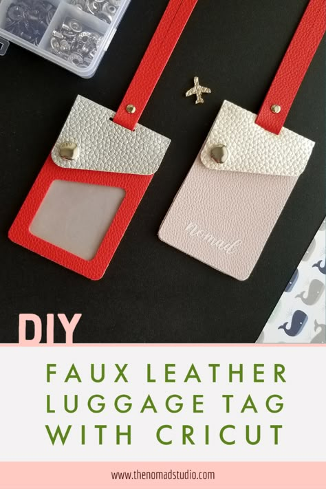 Diy Faux Leather Luggage Tags, Faux Leather Vinyl Projects, Faux Leather Luggage Tag Cricut, Leather Circut Projects, Faux Leather Diy Crafts, Faux Suede Cricut Projects, Cute Cricut Projects Gift Ideas, Leather Id Holder, Cricut Faux Leather Projects Diy