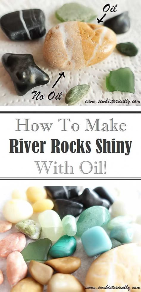 Quartz Crystal Crafts Diy, River Rock Projects Diy, River Rock Display Ideas, River Rock Decorating Ideas, Pebble Display Ideas, How To Make River Rocks Shiny, Rock Bowls Projects, Diy River Rock Decor, Landscaping Beach House