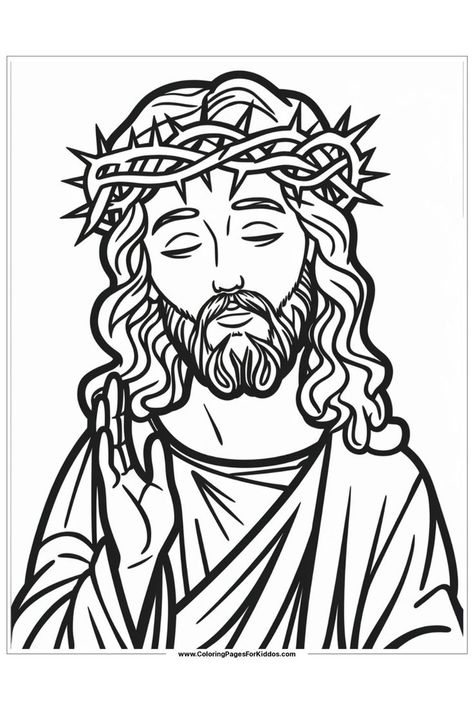 Jesus with a crown of thorns, a solemn expression showing sacrifice. Simple Jesus Drawing, Jesus Coloring Pages For Kids, God Coloring Pages, Doodles For Kids, Jesus Lamb Of God, Jesus Christ Drawing, Cute Printables, Jesus Lamb, Adventure Time Princesses