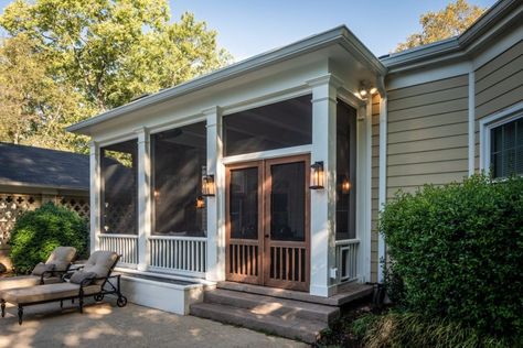 Front Porch Double Doors, Porch Double Doors, Door Joinery, Double Screen Doors, Screened Front Porches, Stair Paneling, Patio Addition, Screen Porches, Column Lighting