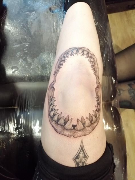 My Shark Jaw tattoo by Lauren Evans at Magnum Circus Cheltenham! #tattoos #tattoo #beauty Megalodon Jaw Tattoo, Shark Mouth Tattoo Knee, Kintaro Tattoo, Shark Jaws Tattoo Knee, Shark Mouth Tattoo, Shark Jaw Tattoo Knee, Jaw Tattoo Knee, Jaws Tattoo, Shark Jaw Tattoo