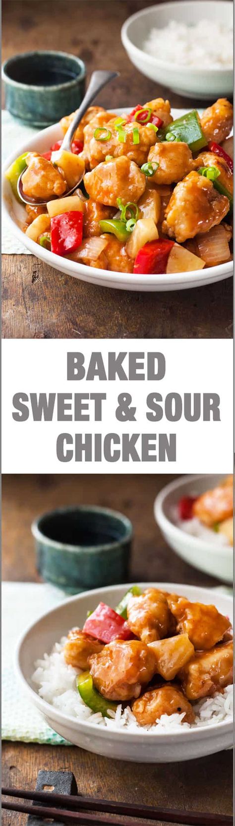 Oven Baked Sweet and Sour Chicken - this recipe is not like the usual. The chicken is crispy, not dry and the sauce is not overly sweet but still really glossy and sticky! Baked Sweet And Sour Chicken Recipe, Baked Sweet And Sour Chicken, Sweet And Sour Chicken Recipe, Sour Chicken Recipe, Sweet Sour Sauce, Sweet Chicken, Thighs Recipe, Sweet And Sour Chicken, Sweet Sour Chicken