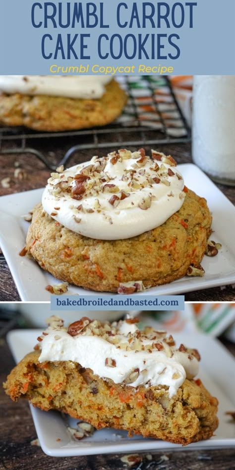 These copycat Crumbl carrot cake cookies are fluffy and kissed with a bit of spice. Then topped with a creamy cream cheese frosting , just like a cake but in cookie form.  via @Baked Broiled and Basted Crumbl Cookie Copycat Mallow Creme, Easy Copycat Crumbl Cookies, Crumble Cookie Copycat Recipe Carrot Cake, Crumbl Carrot Cake Cookie Copycat, Crumbl Cookie Carrot Cake, Crumble Carrot Cake Cookie, Crumble Cookie Copycat Recipe Oatmeal, Crumbl Carrot Cake Cookies, Best Carrot Cake Cookies