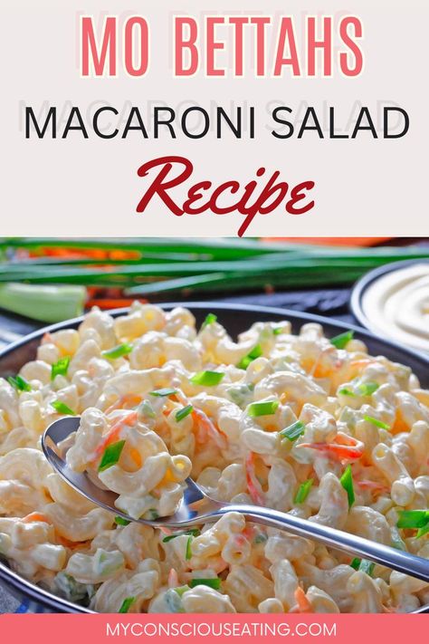 Mo Bettahs Macaroni Salad and a spoon Mo’ Bettahs Macaroni Salad, Mo Bettah's Mac Salad Copycat, Mo Bettah's Mac Salad Recipe, Mo Betta Macaroni Salad, Mobettahs Macaroni Salad Recipe, Mac Salad Recipe Hawaiian, Filipino Macaroni Salad Recipe, Filipino Macaroni Salad, Macaroni Salad Recipes