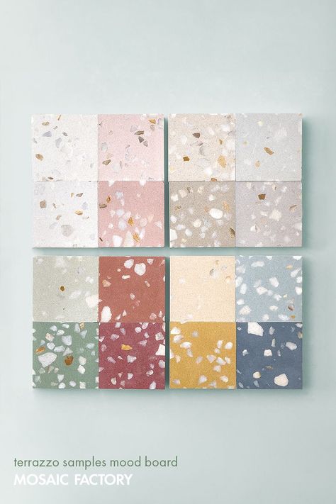 This terrazzo tile mood board unveils the newest line from Mosaic Factory’s Terrazzo collection: M5. With 18 different shades to choose from, the collection ranges from softer, pastel tones to strong, saturated hues. All perfect to adorn your floors with the promising durability and reliability that Terrazzo material guarantees you. Our terrazzo tiles are available in a variety of sizes, colours and shapes. Visit our website and customise your tiles or choose them directly from our online stock! Terazzo Floor Tiles, Pastel Terrazzo, Terazzo Floor, Terrazzo Floor Tiles, Colorful Terrazzo, Pretty Tiles, Terrazzo Design, Terrazzo Tile, Terrazzo Tiles