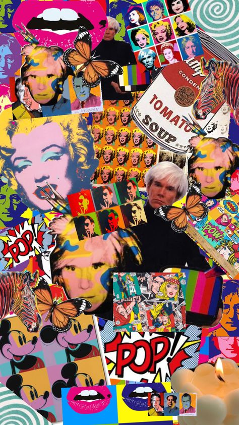 Andy Warhol Aesthetic, Andy Warhol Wallpaper Iphone, Andy Warhol Wallpaper, Andy Warhol Collage Art, Pop Culture Aesthetic, Andy Warhol Inspired Art, Celebrity Collage Art, Pop Culture Collage, Andy Warhol Sketchbook Page