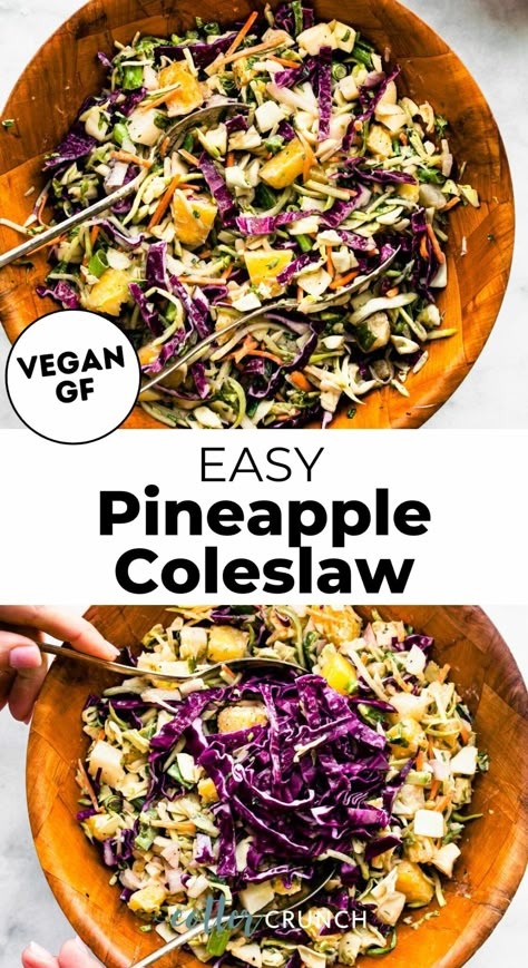 This Easy Pineapple Coleslaw Recipe is the perfect condiment or side dish for all your favorite meals! Sweet, creamy, and made with the perfect amount of crunch it’s a summer dish that’s so tasty you’ll find yourself making it all year long. Pineapple Coleslaw Recipe, Pineapple Coleslaw, Pineapple Salad, Gluten Free Sides Dishes, Homemade Condiments, Pineapple Recipes, Broccoli Slaw, Condiment Recipes, Slaw Recipes