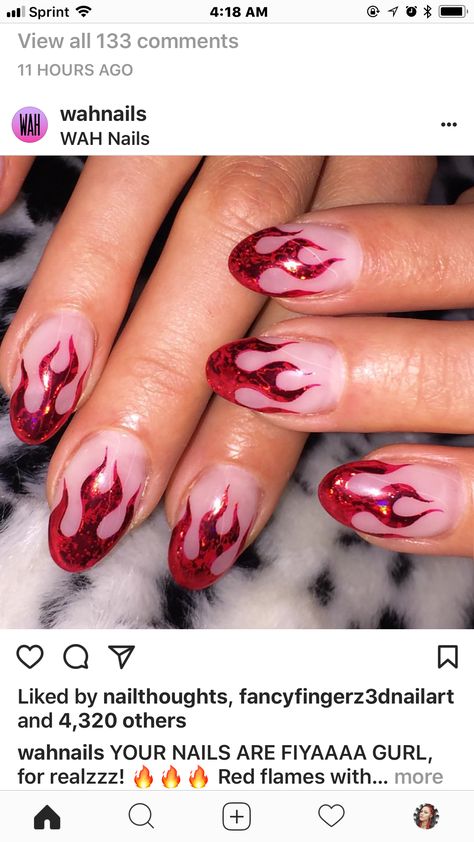 Metallic Flame Nails, Red Chrome Flame Nails, Red Flame Nails Short, Moto Nails, Red Flame Nails, Rocker Nails, Rockstar Nails, Flame Nails, Rock Nails