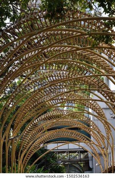 Arch Bamboo Frame Canopy Stock Photo 1502536163 | Shutterstock Bamboo Installation, Bamboo Canopy, Shade Trellis, Bamboo Arch, Bamboo Ideas, Bamboo Roof, Lattice Structure, Pavilion Architecture, Bamboo Structure