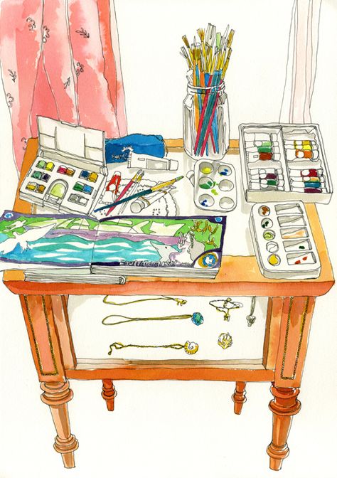 <3 Juriko Kosaka, Artist Desk, Perspective Sketch, Watercolor Palette, Art Diary, Man Ray, Dessin Adorable, Urban Sketching, Art Journal Inspiration