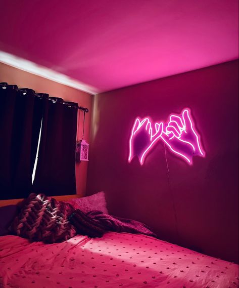 Bedroom With Neon Sign, Neon Lights Bedroom Aesthetic, Pink Neon Sign Living Room, Pink Girly Bedroom, Pink Bedroom Decor Ideas, Pink Neon Lights Aesthetic, Pink Led Sign Aesthetic, Neon Decorations, Funny Bedroom