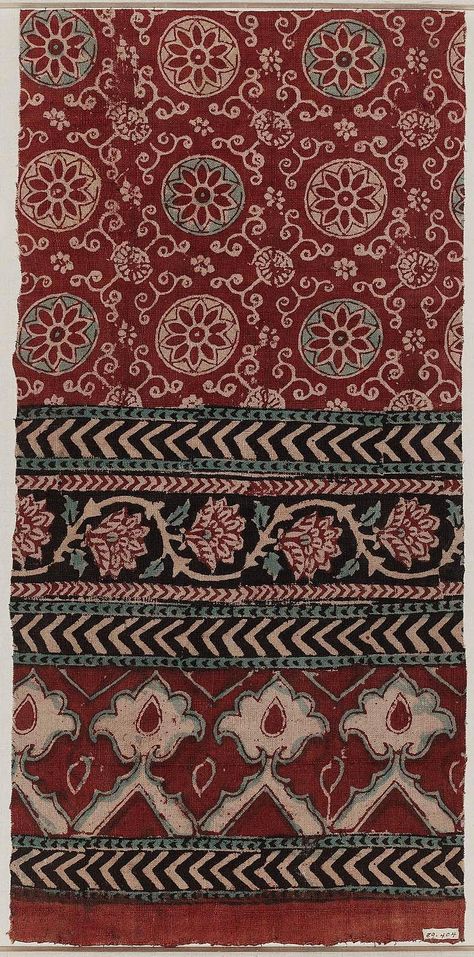 Wood-block printing on native cloth; the ground is red, with floral and geometrical designs in red, green, black and ecru, many borders. The design is probably older … Vintage Block Print, Ajrakh Prints Motifs, Ajrakh Prints Pattern, Indian Textile Prints, Traditional Indian Prints, Block Print Motifs, Vintage Textiles Patterns, Ethnic Print Pattern, Tropical Fabric Prints